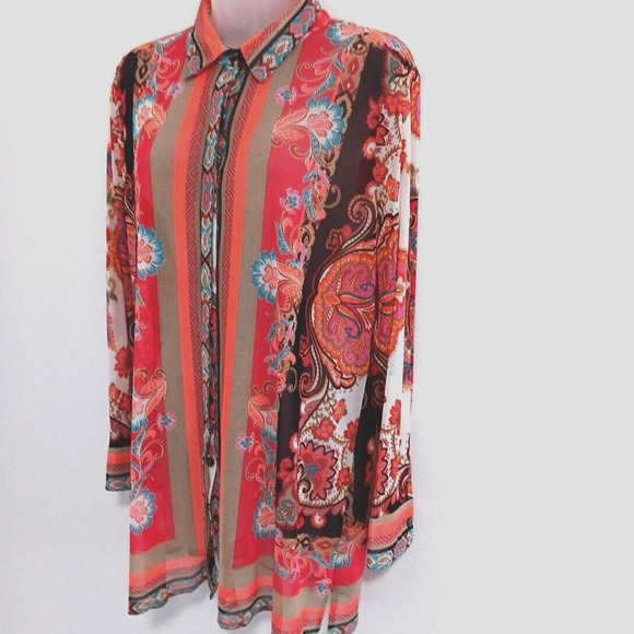 Chico's Travelers Tunic‎ Top 12/14 Large Lightweight Paisley Stretch Boho Bright - Picture 2 of 12
